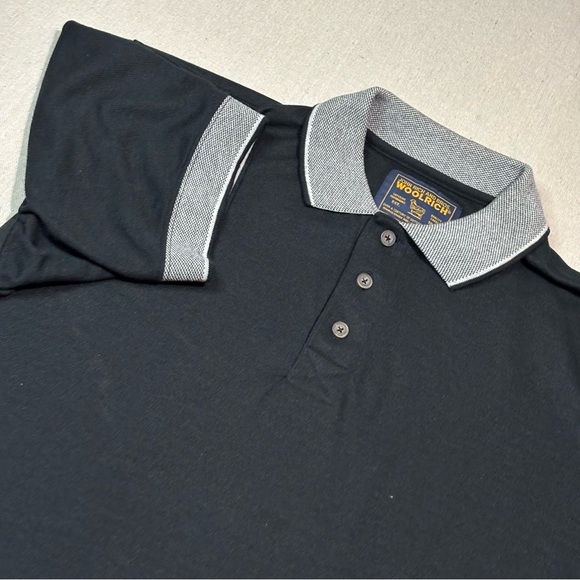 Woolrich Mens Size M Navy Houndstooth Check Short Sleeve Cotton Polo Shirt Black - Picture 1 of 7